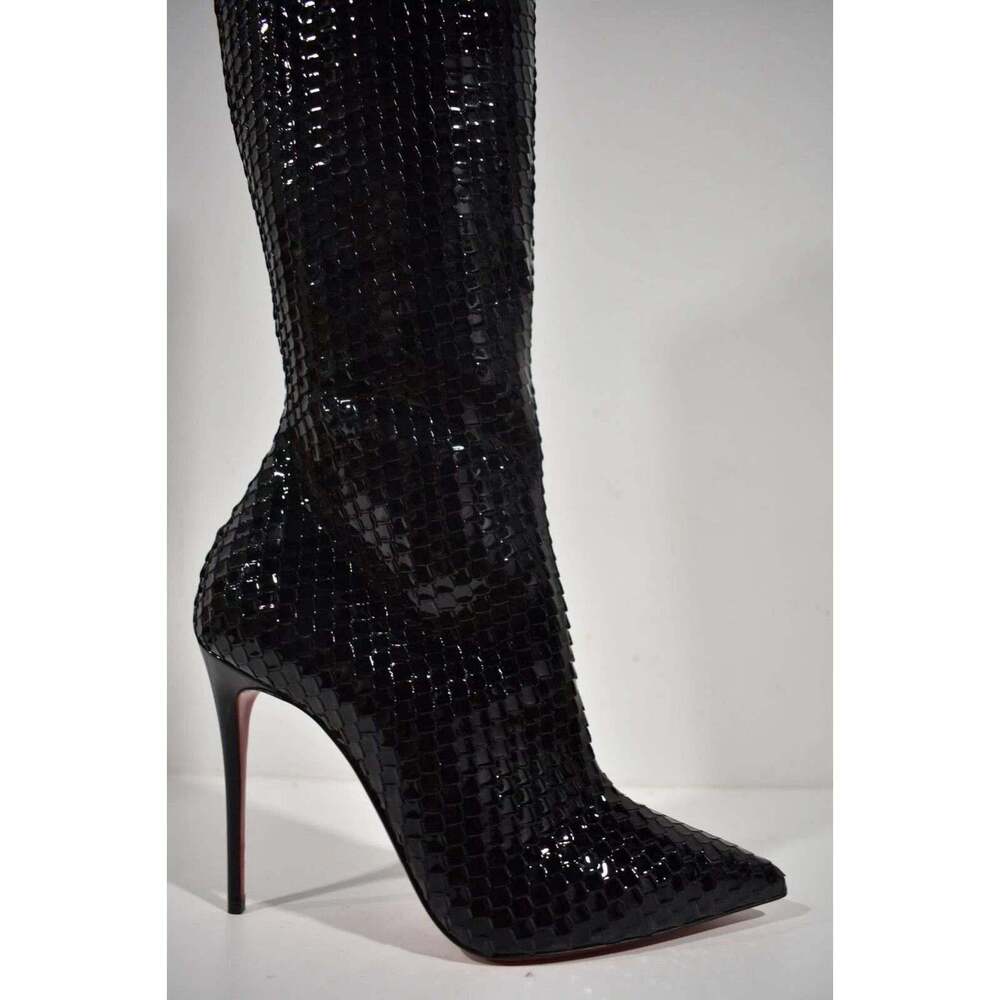 Christian Louboutin Alta Botta 100 Black Patent Bird Knee High OTK Heel Boot 36 - Picture 5 of 11